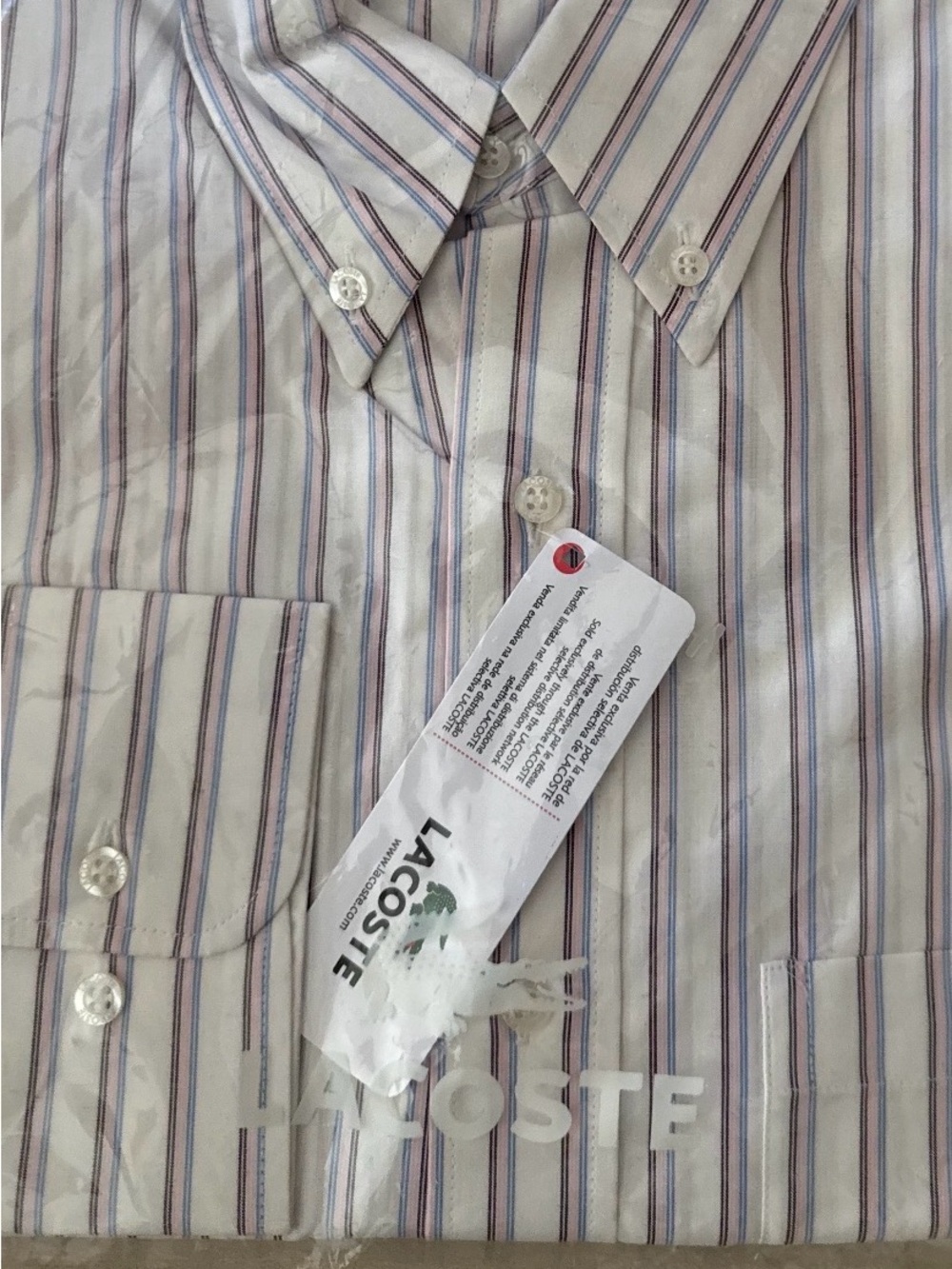 Lacoste Men’s White Dress Shirt with Blue and Pink Stripes